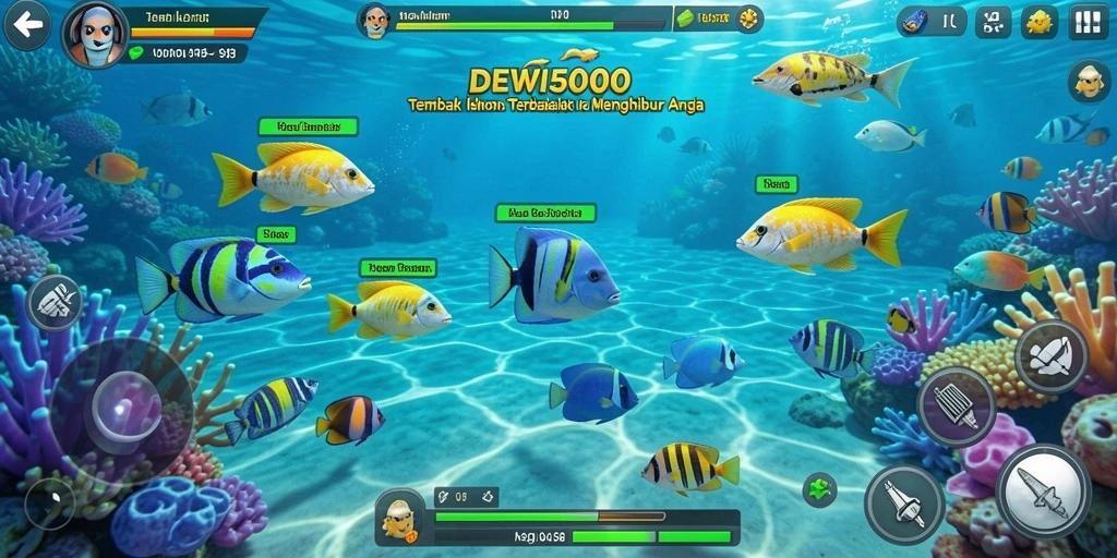 Tampilan gameplay seru DEWI5000 dengan berbagai ikan yang menunggu untuk ditangkap.