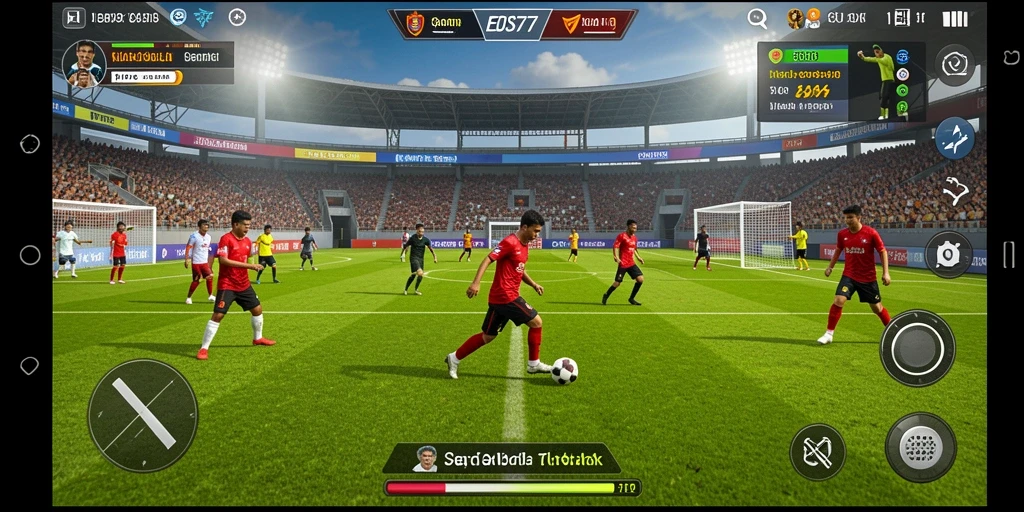 Screenshot gameplay EOS77 menampilkan aksi seru di lapangan sepak bola.