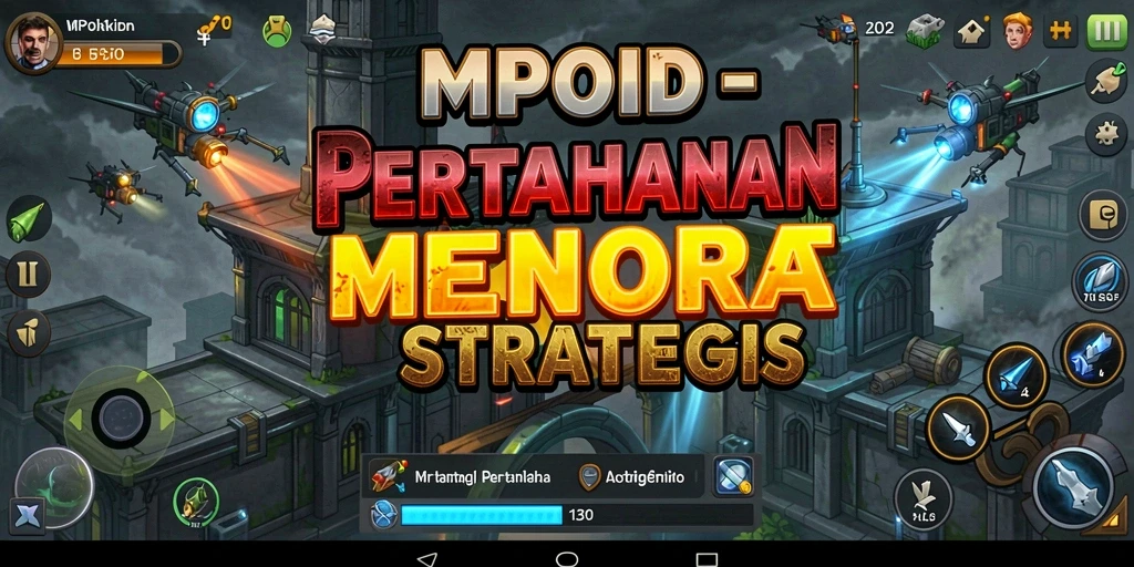 Screenshot gameplay MPOID menampilkan menara yang berfungsi melawan gelombang musuh.