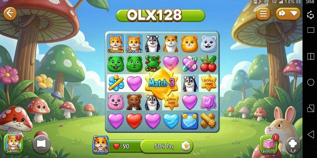 Tangkapan layar dari gameplay OLX128 yang menampilkan berbagai elemen Match-3.