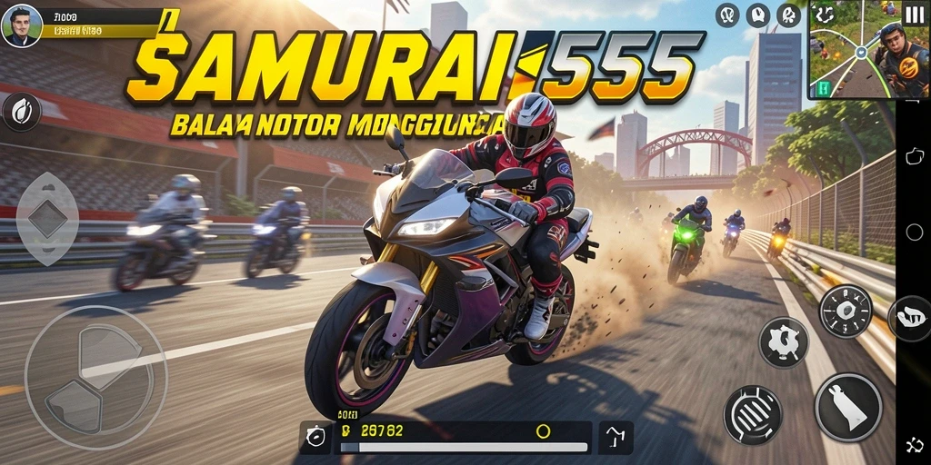 Screenshot menampilkan balapan motor yang menegangkan di SAMURAI555.