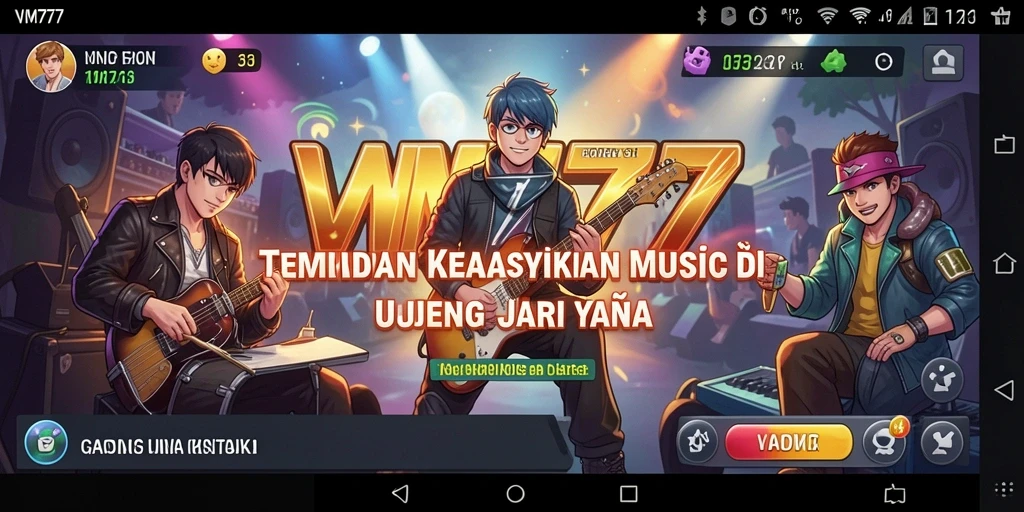 Screenshot gameplay VM777 yang menampilkan fitur karaoke dan koleksi lagu.