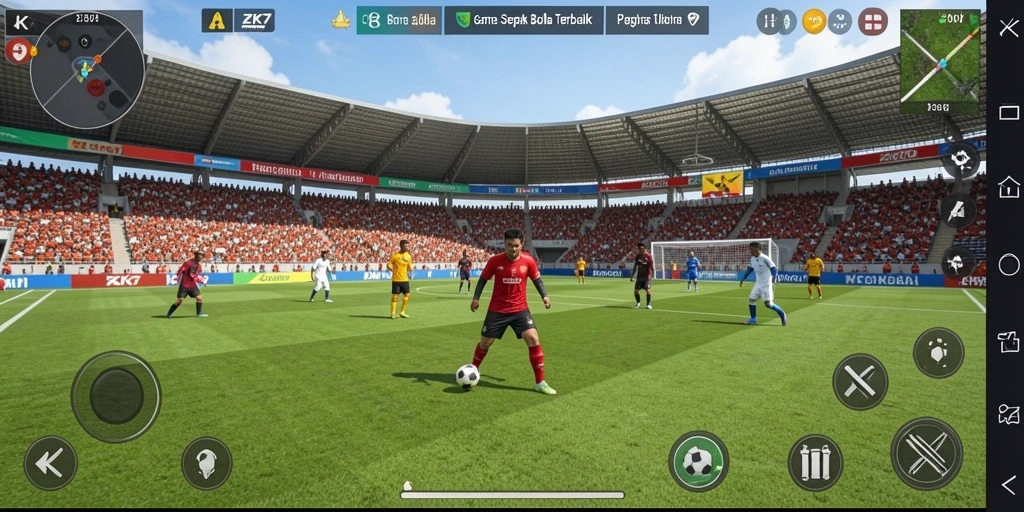 Gambar tampilan gameplay ZK7 yang mendebarkan dengan aksi sepak bola.